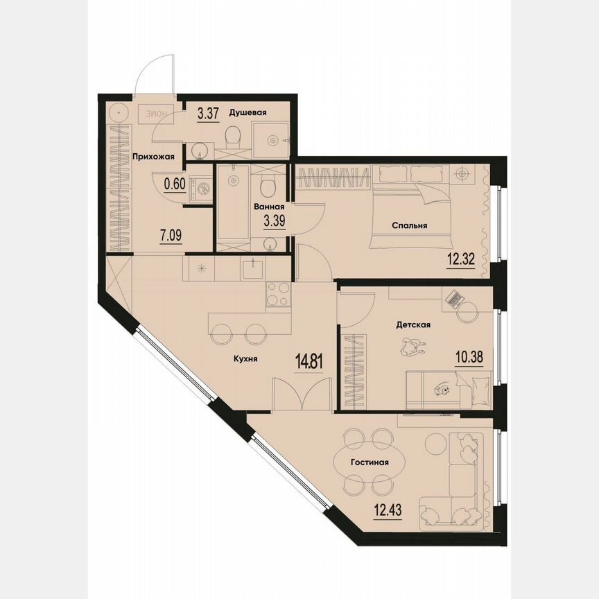 3-к. квартира, 64,4 м², 1/12 эт.