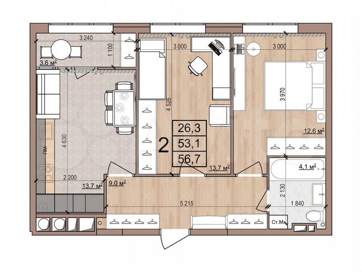 2-к. квартира, 56,7 м², 12/16 эт.
