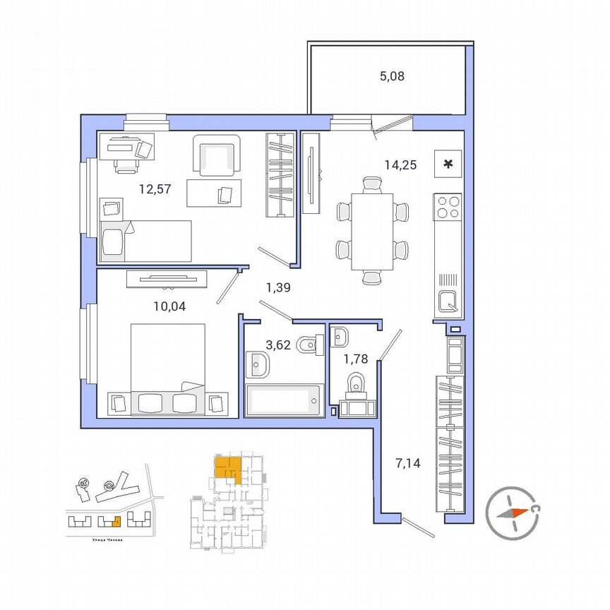 2-к. квартира, 52,4 м², 1/9 эт.