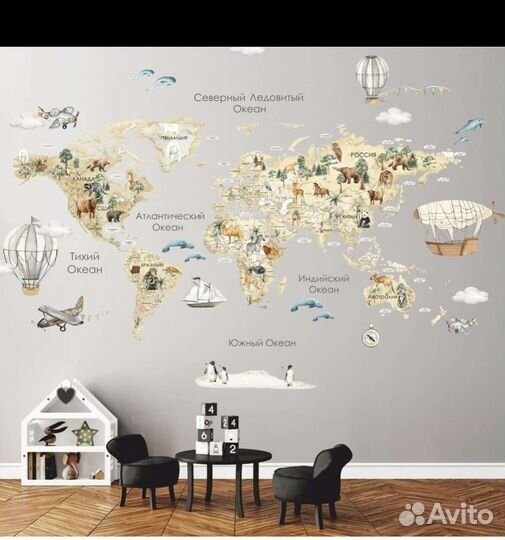 Карта мира на стену наклейка