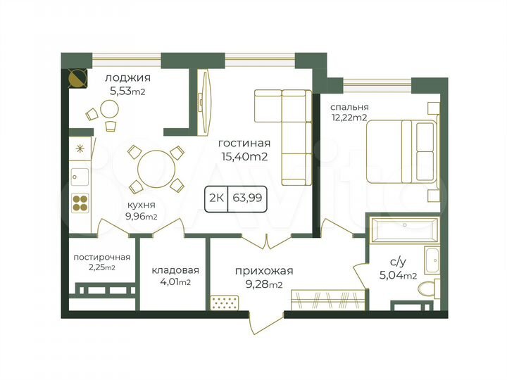 2-к. квартира, 64 м², 13/16 эт.