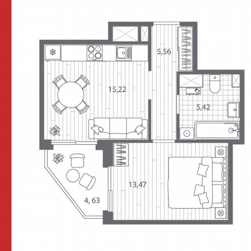 1-к. квартира, 42 м², 6/13 эт.