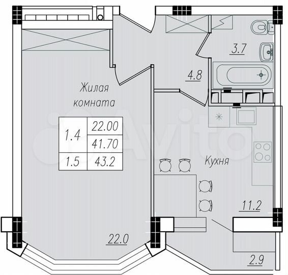 1-к. квартира, 43,2 м², 10/10 эт.