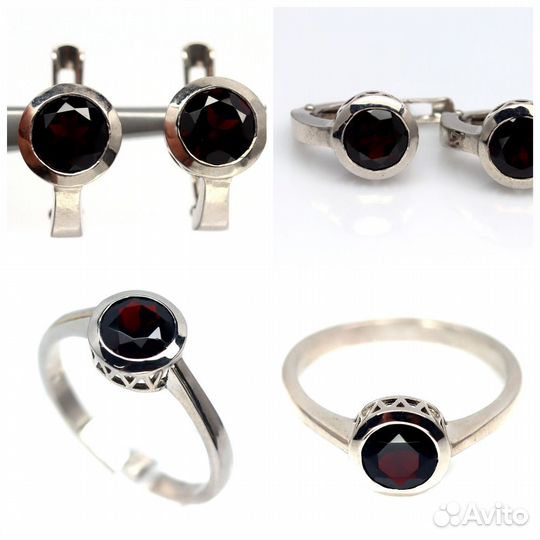 Серьги, кольцо разм.19,0 серебро гранат С302
