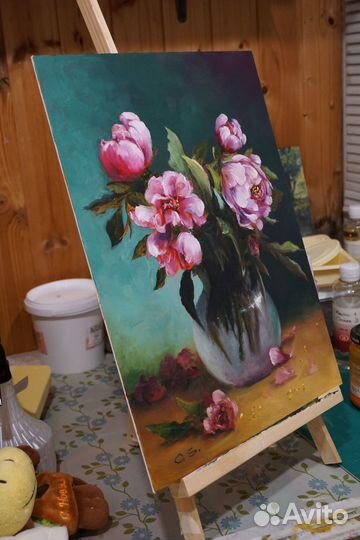 Картина маслом цветы пионы в вазе