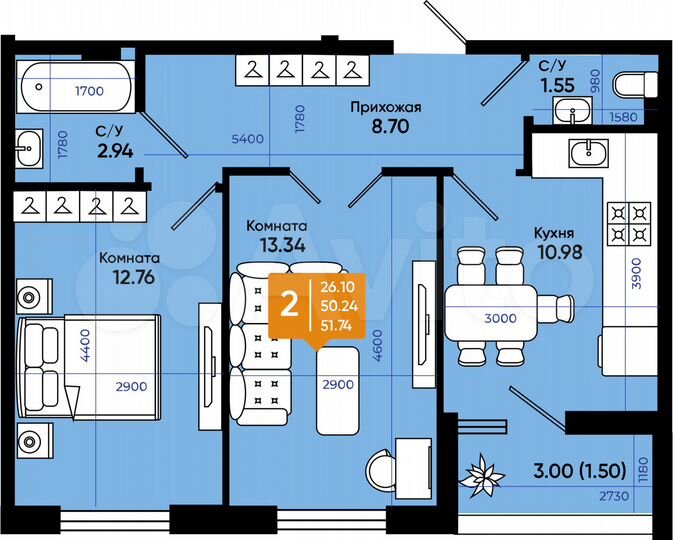 2-к. квартира, 51,7 м², 2/9 эт.