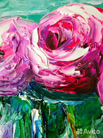 Картина маслом розы в вазе