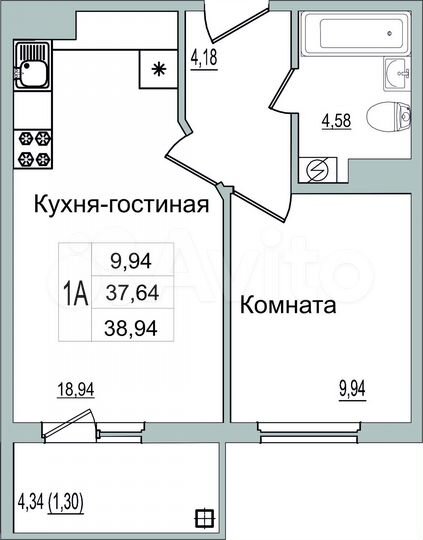 1-к. квартира, 38,9 м², 1/9 эт.