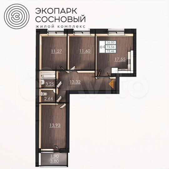 3-к. квартира, 73,6 м², 3/4 эт.