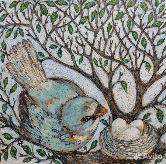 Картина птица с гнездом на дереве 