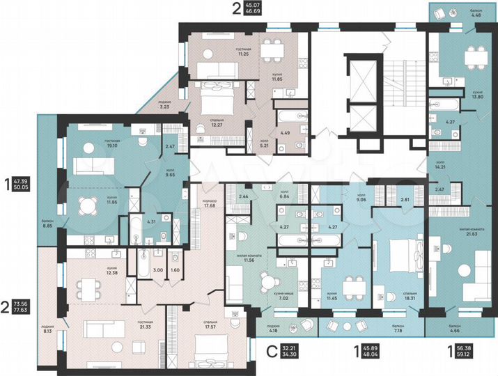1-к. квартира, 50,1 м², 9/13 эт.