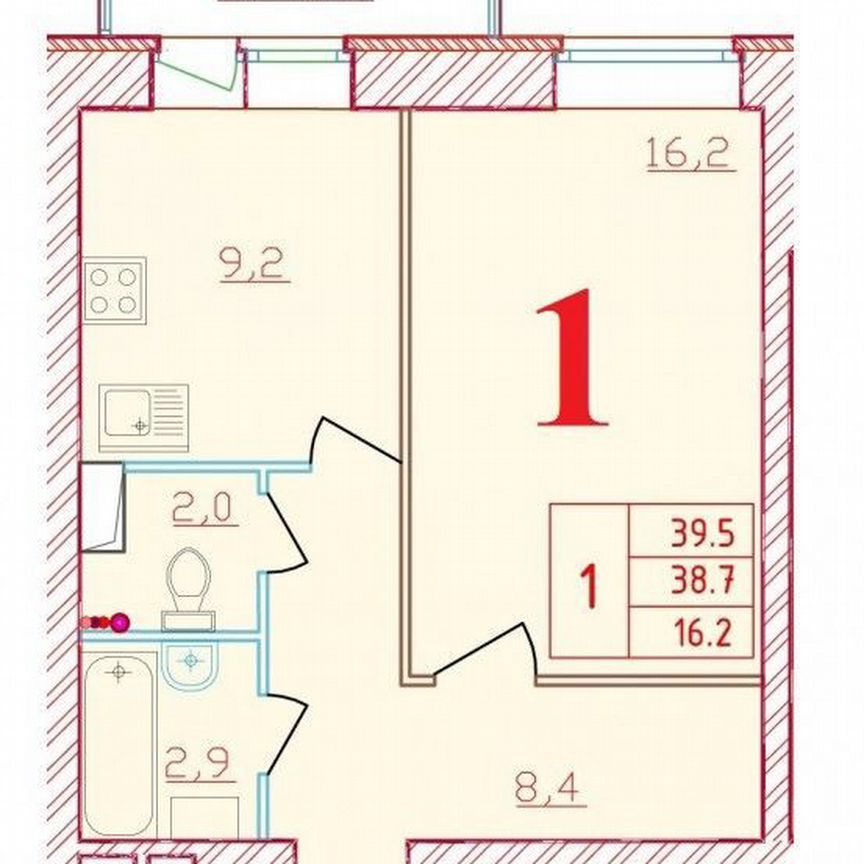 1-к. квартира, 39,5 м², 4/9 эт.