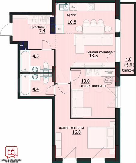 3-к. квартира, 54,8 м², 10/12 эт.