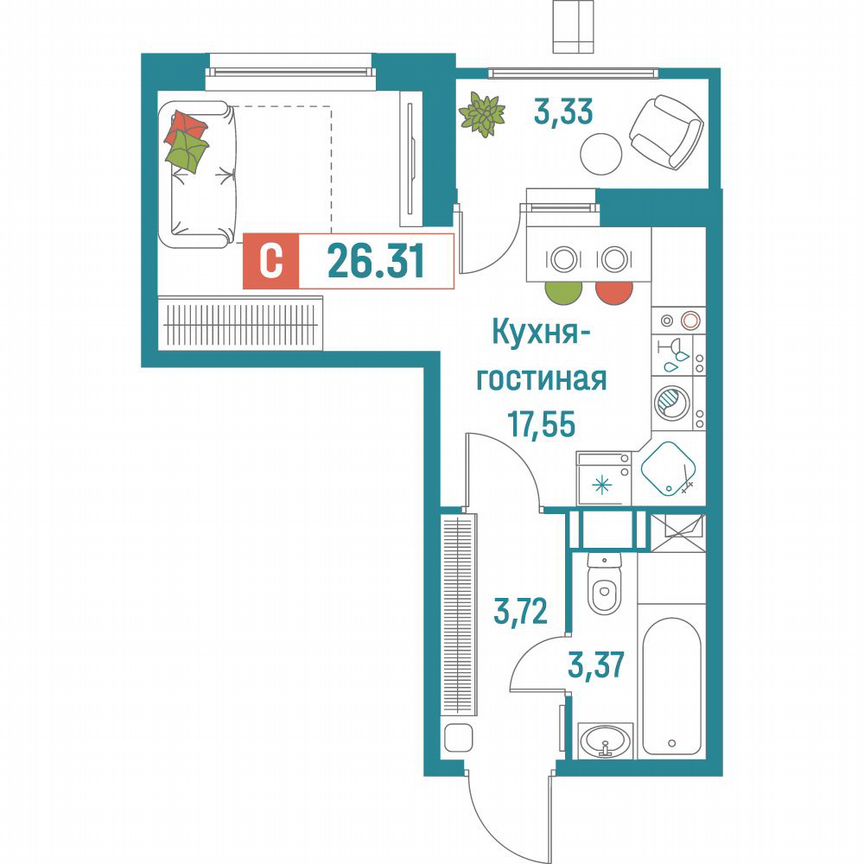 Квартира-студия, 26,3 м², 16/18 эт.