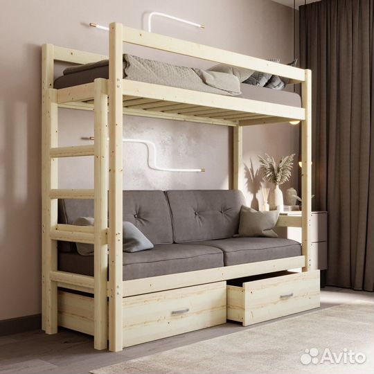 Кровать чердак с диваном натуральный массив