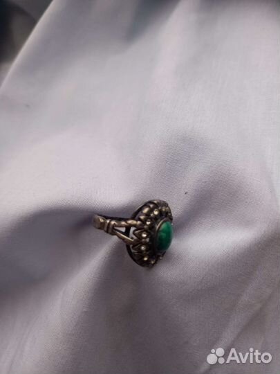 Кольцо серебро малахит перстень СССР брошь янтарь