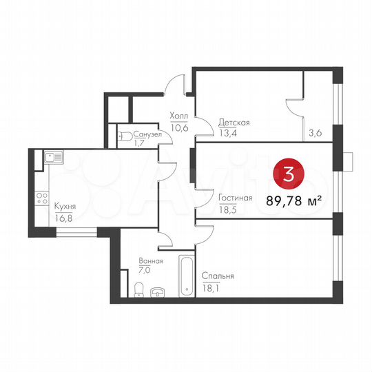 3-к. квартира, 89,8 м², 1/19 эт.
