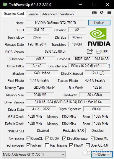 Видеокарта nvidia Geforce GTX 750 Ti 2GB