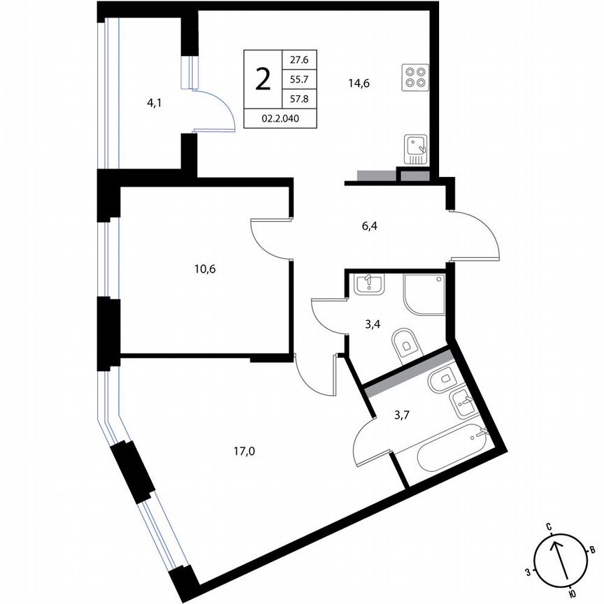 2-к. квартира, 57,8 м², 3/3 эт.