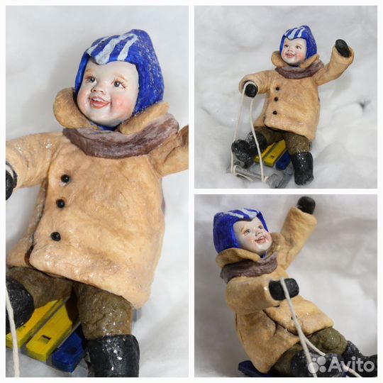 Ватная игрушка, мальчик на санках