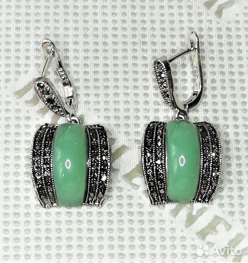 Серьги серебро нефрит, марказит С514