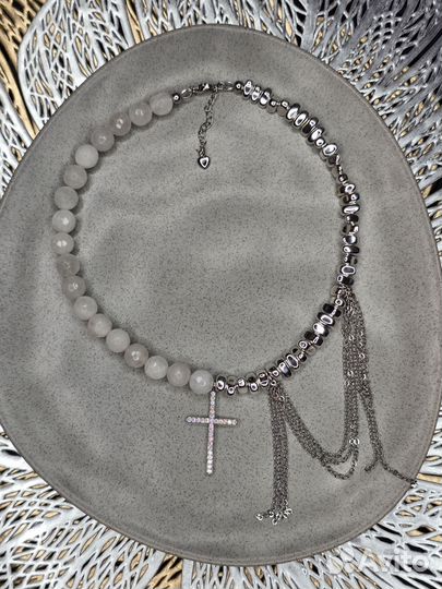 Колье из гематита и кварца ручной работы