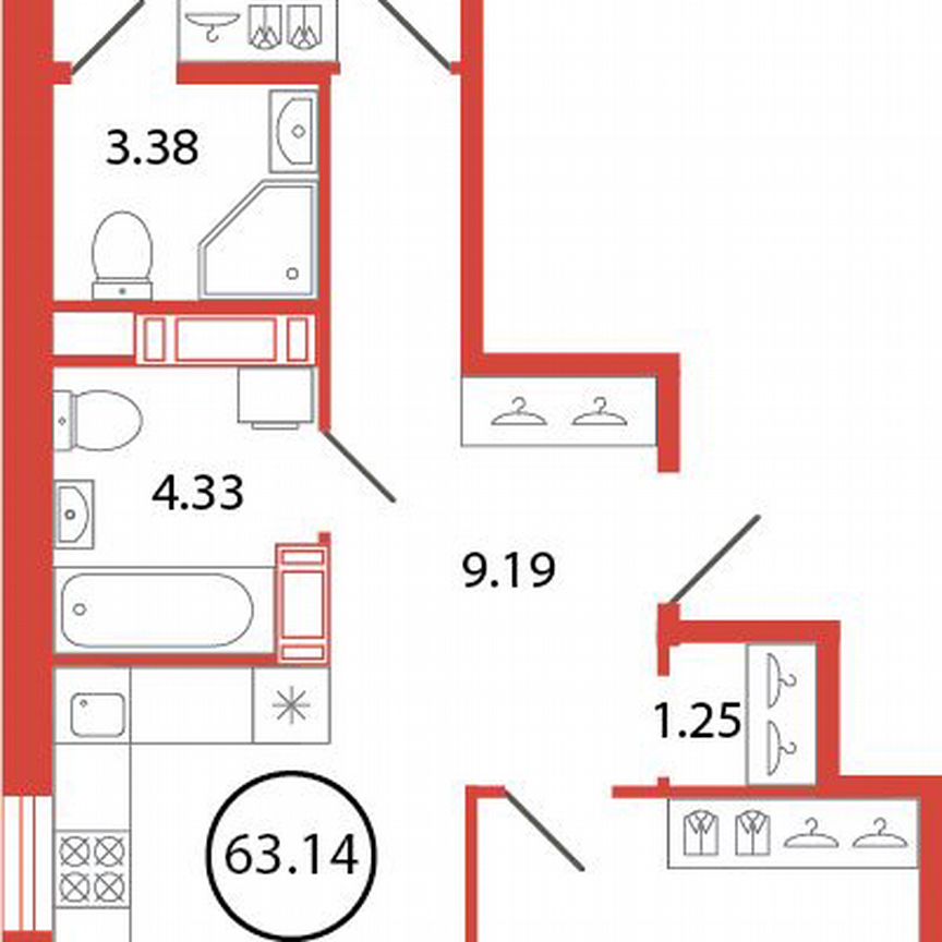 2-к. квартира, 63,1 м², 7/12 эт.