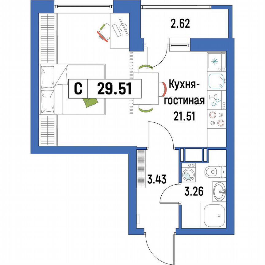 Квартира-студия, 29,5 м², 11/16 эт.