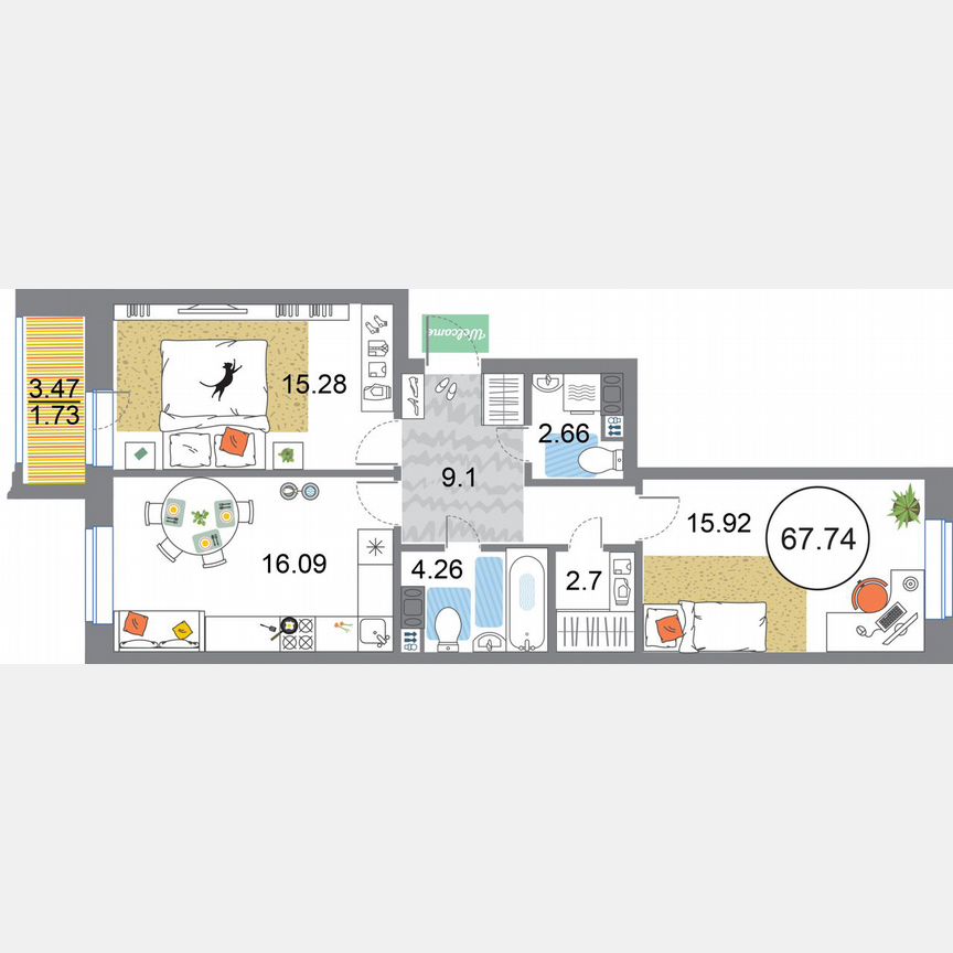 2-к. квартира, 67,7 м², 8/12 эт.