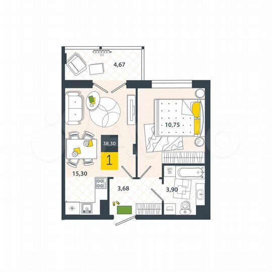 1-к. квартира, 38,3 м², 8/8 эт.