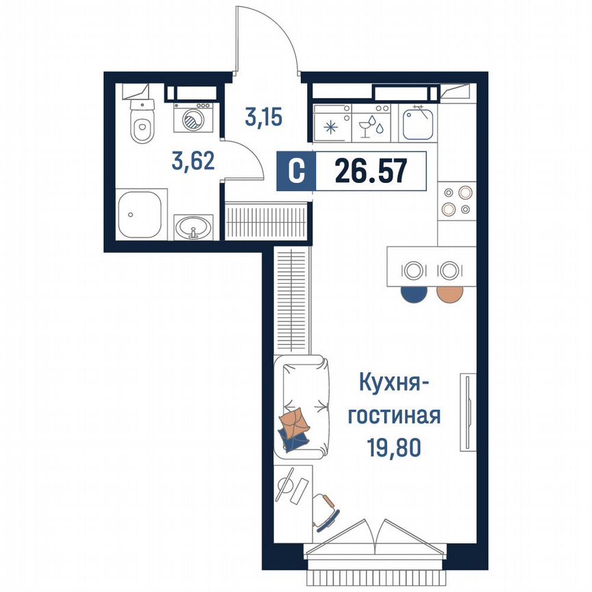 Квартира-студия, 26,6 м², 17/18 эт.