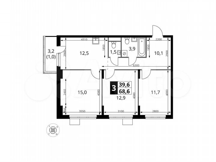 3-к. квартира, 68,6 м², 16/24 эт.