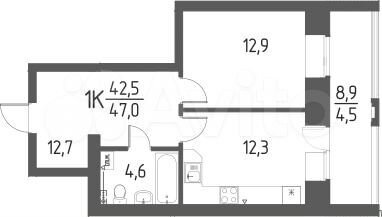 1-к. квартира, 47 м², 2/6 эт.