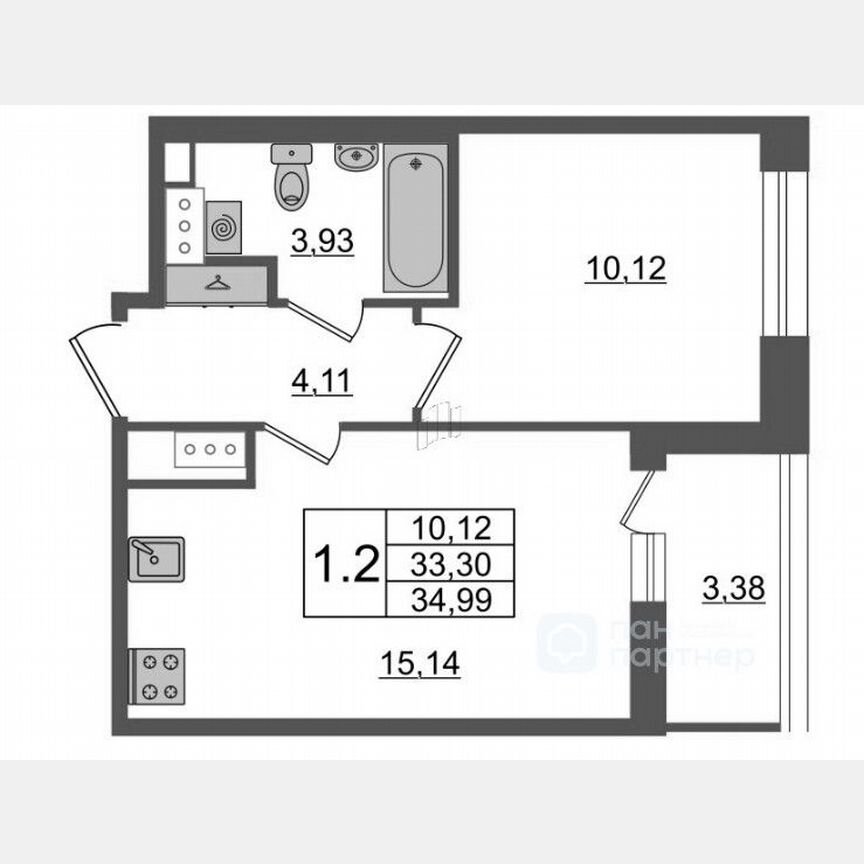 1-к. квартира, 33,3 м², 3/12 эт.