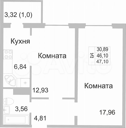 2-к. квартира, 47,1 м², 8/9 эт.
