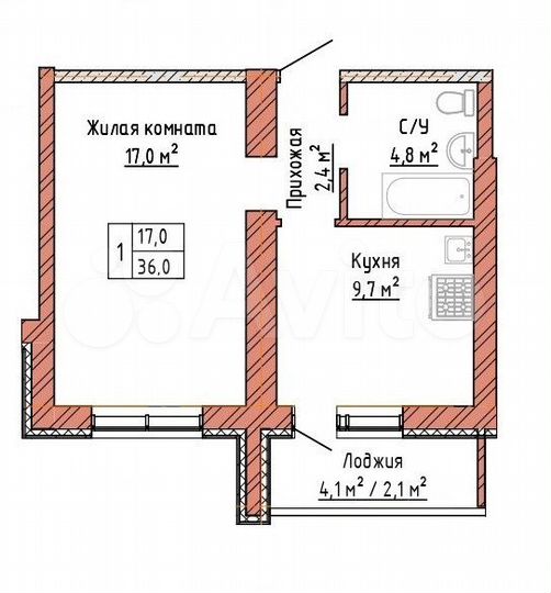 1-к. квартира, 36 м², 9/16 эт.