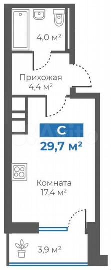 Квартира-студия, 29,7 м², 3/15 эт.