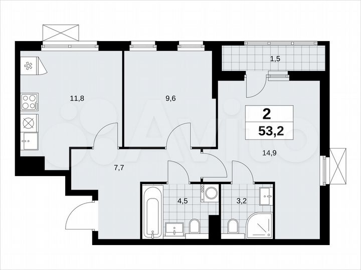 2-к. квартира, 53,2 м², 11/19 эт.