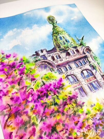 Картина акварелью. Дом Зингера. Сирень