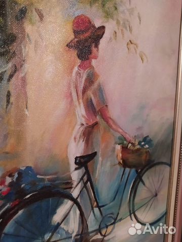 Картина маслом на холсте. Девушка с велосипедом