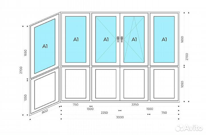 Балкон Г-образный (теплое французское остекление)