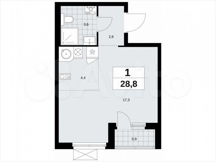 1-к. квартира, 28,8 м², 2/14 эт.