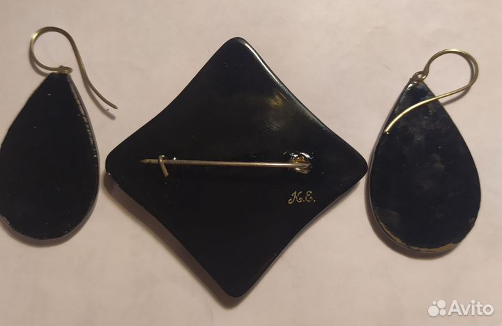 Брошь и серьги лаковая миниатюра