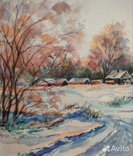 Картина акварелью. Пейзаж. Зима. 21х30 см