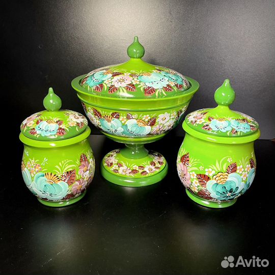 Горшок деревянный, сахарница, бочонок с росписью