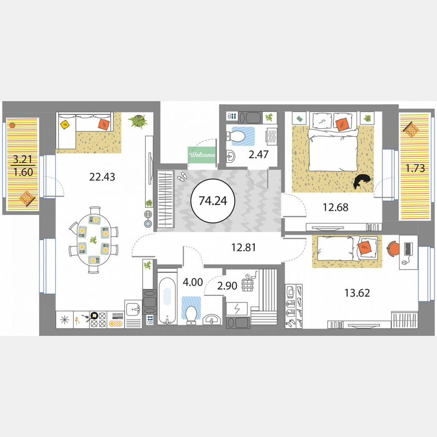 2-к. квартира, 74,2 м², 4/12 эт.