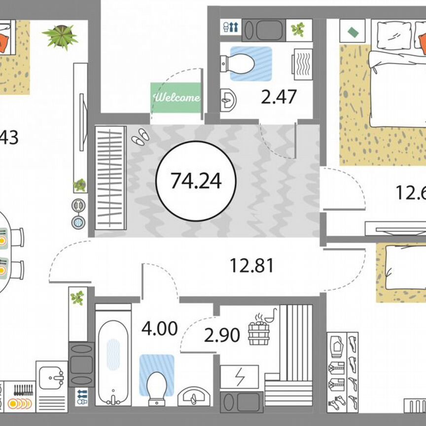 2-к. квартира, 74,2 м², 4/12 эт.