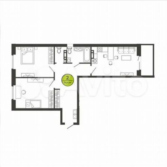 2-к. квартира, 74,4 м², 6/9 эт.