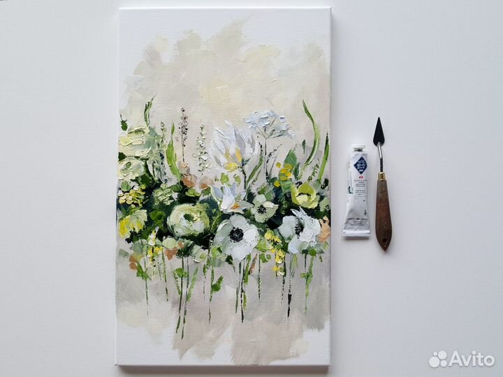 Картина маслом с белыми цветами на холсте нежная