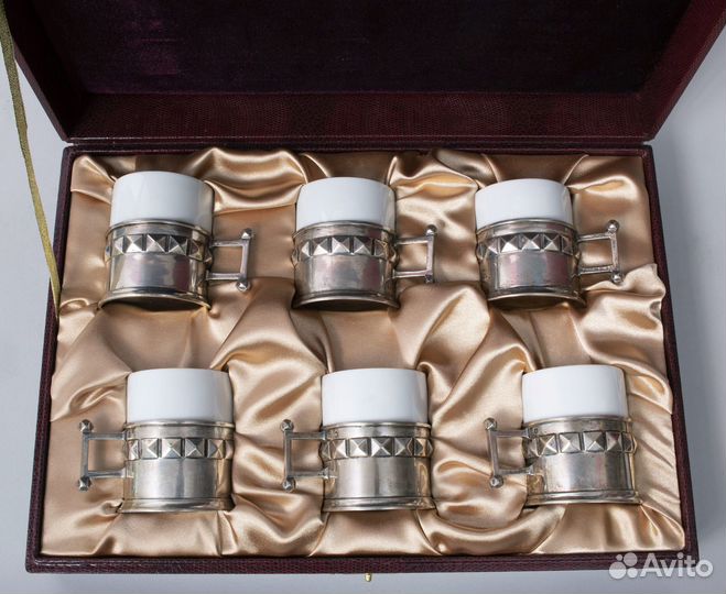 Набор из 6 фарфоровых кофейных чашек в серебряной